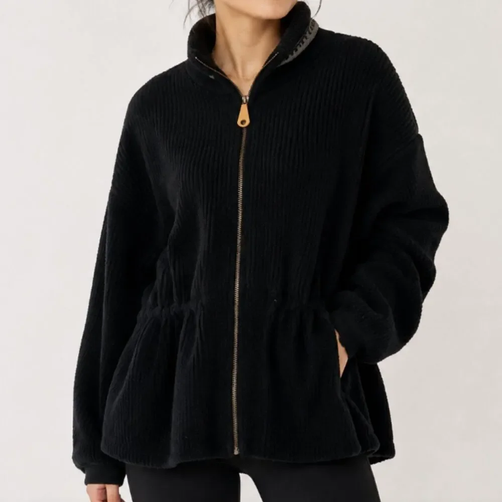 Columbia Chenille Fleece Cardigan Jacket Black Drawstring Waist Mock Neck Medium